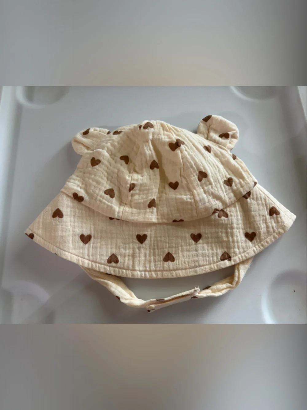 Kids Sun Hat with Brown Heart Print - Cream